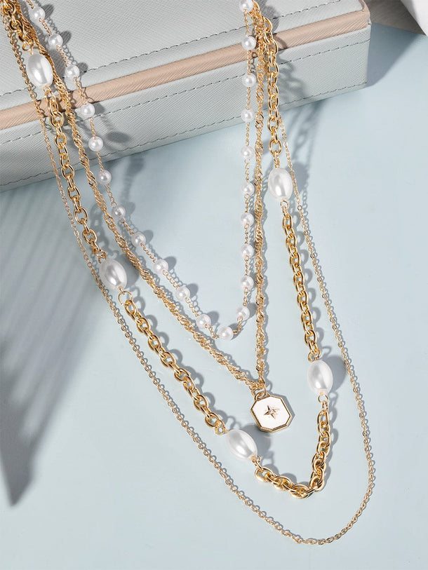 Rubans 18K Gold-Plated Multi-Layered Chain Necklace with Pearls & Star Charm Pendant Necklace & Chains