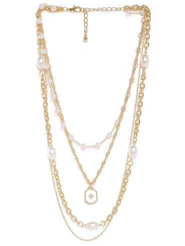 Rubans 18K Gold-Plated Multi-Layered Chain Necklace with Pearls & Star Charm Pendant Necklace & Chains