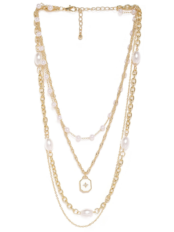 Rubans 18K Gold-Plated Multi-Layered Chain Necklace with Pearls & Star Charm Pendant Necklace & Chains