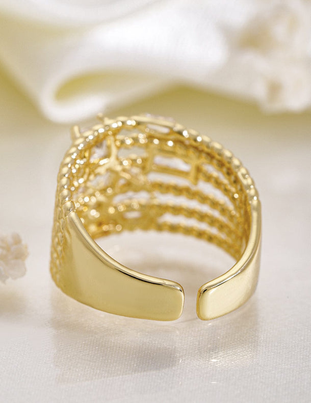 Rubans 18K Gold Plated Multi-Layered Cubic Zirconia Studded Adjustable Finger Ring Rings