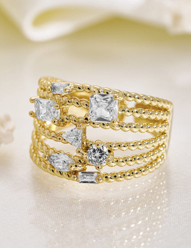 Rubans 18K Gold Plated Multi-Layered Cubic Zirconia Studded Adjustable Finger Ring Rings