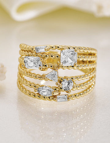 Rubans 18K Gold Plated Multi-Layered Cubic Zirconia Studded Adjustable Finger Ring Rings