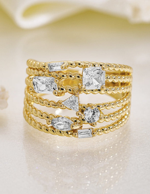 Rubans 18K Gold Plated Multi-Layered Cubic Zirconia Studded Adjustable Finger Ring Rings