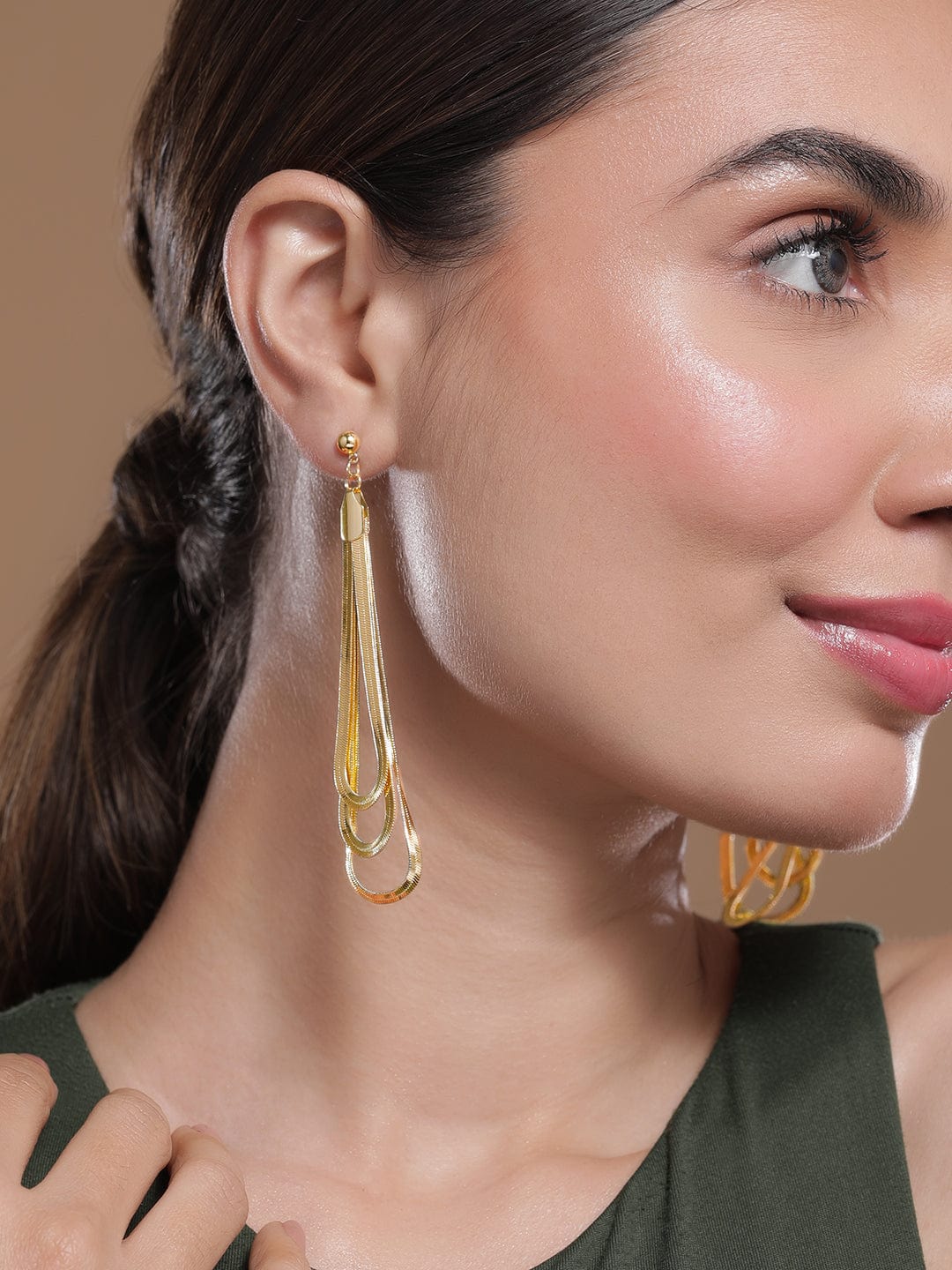 Rubans 18K Gold Plated Multi-Layered Long Dangle Earrings with Teardrop Design Earrings