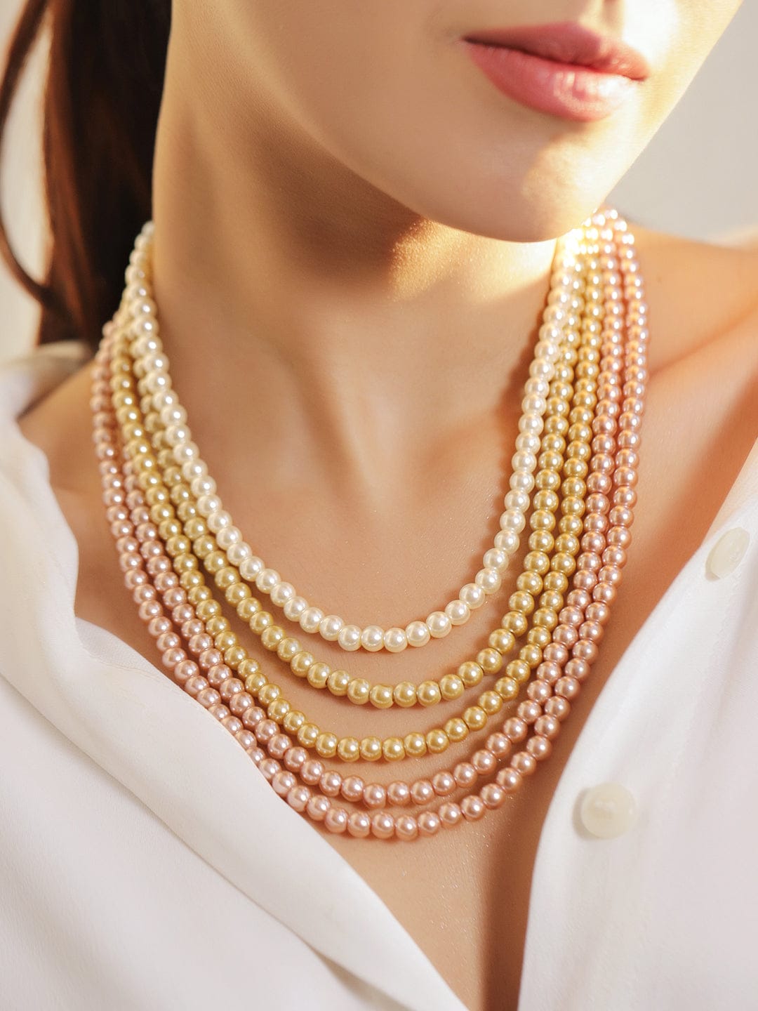 Rubans 18K Gold-Plated Multi-Layered Pastel Pink, Ivory & Golden Pearl Statement Necklace Necklaces, Necklace Sets, Chains & Mangalsutra