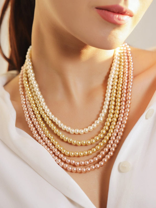 Rubans 18K Gold-Plated Multi-Layered Pastel Pink, Ivory & Golden Pearl Statement Necklace Necklaces, Necklace Sets, Chains & Mangalsutra