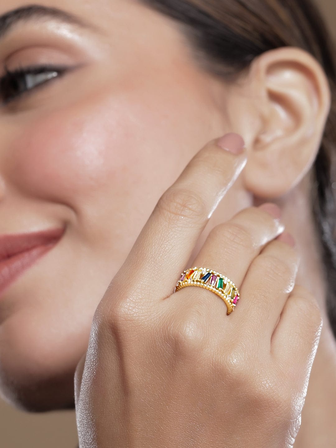 Rubans 18K Gold Plated Multicolor Baguette Cubic Zirconia Studded Adjustable Ring Rings