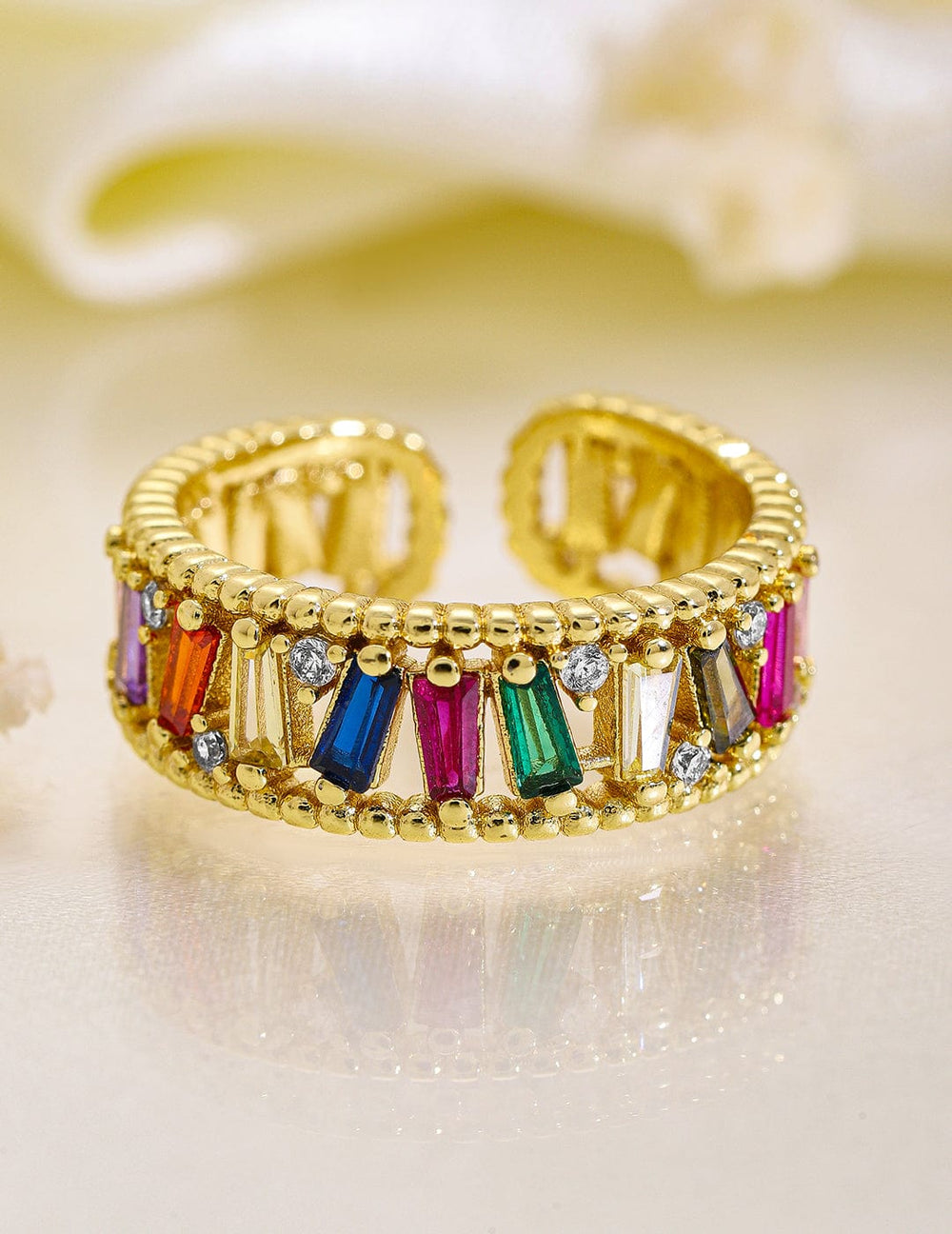 Rubans 18K Gold Plated Multicolor Baguette Cubic Zirconia Studded Adjustable Ring Rings