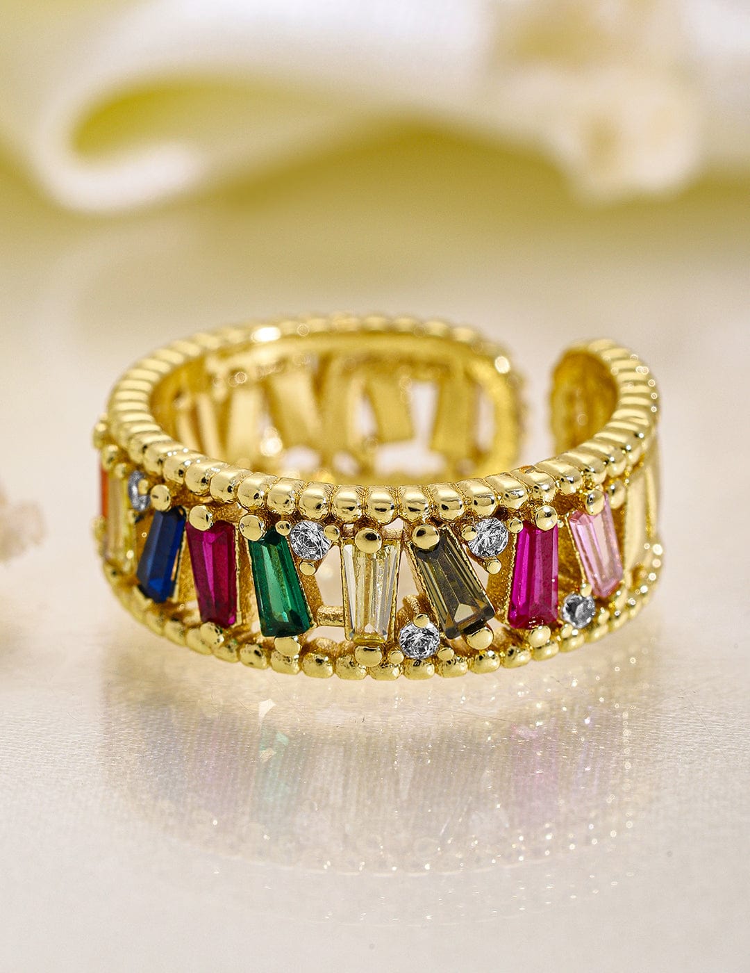 Rubans 18K Gold Plated Multicolor Baguette Cubic Zirconia Studded Adjustable Ring Rings