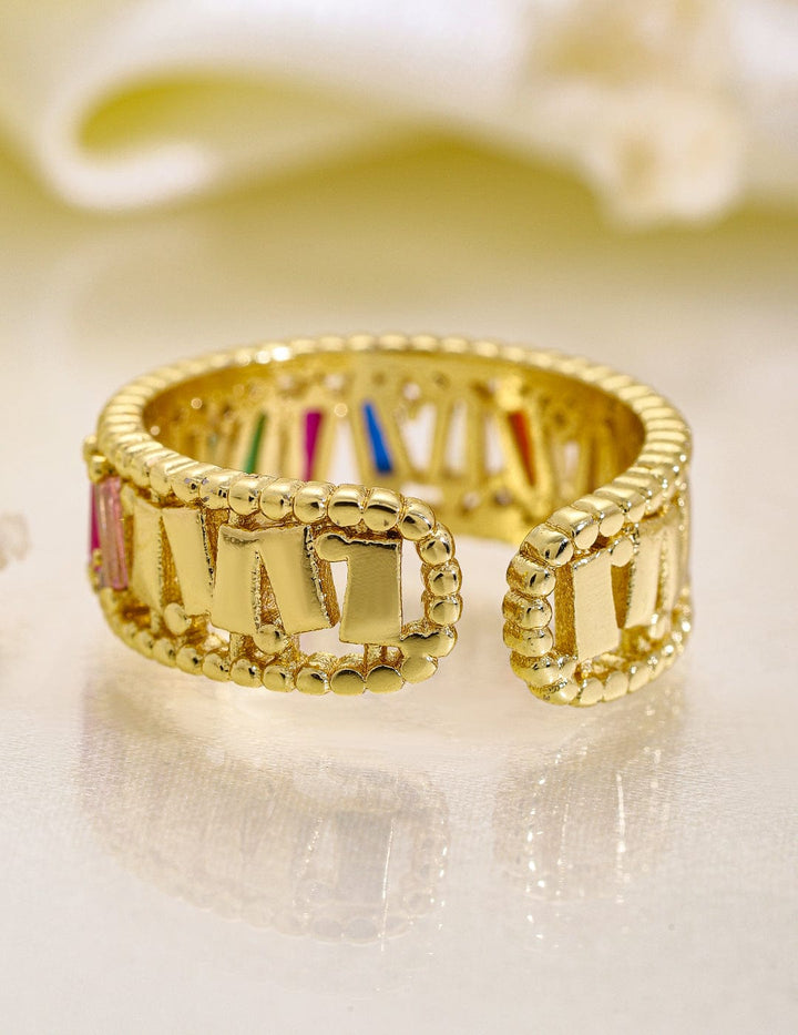 Rubans 18K Gold Plated Multicolor Baguette Cubic Zirconia Studded Adjustable Ring Rings