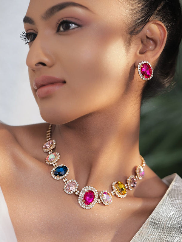 Rubans 18K Gold-Plated Multicolor Crystal AD & Cubic Zirconia Stone Statement Necklace Set Necklace Set