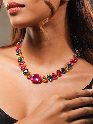 Rubans 18K Gold-Plated Multicolor Crystal Zirconia Statement Necklace for a Glamorous Look Necklace Set