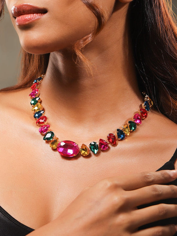 Rubans 18K Gold-Plated Multicolor Crystal Zirconia Statement Necklace for a Glamorous Look Necklace Set
