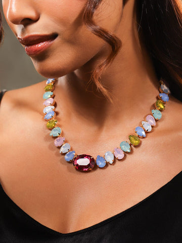 Rubans 18K Gold-Plated Multicolor Crystal Zirconia Statement Necklace for a Glamorous Look Necklace Set