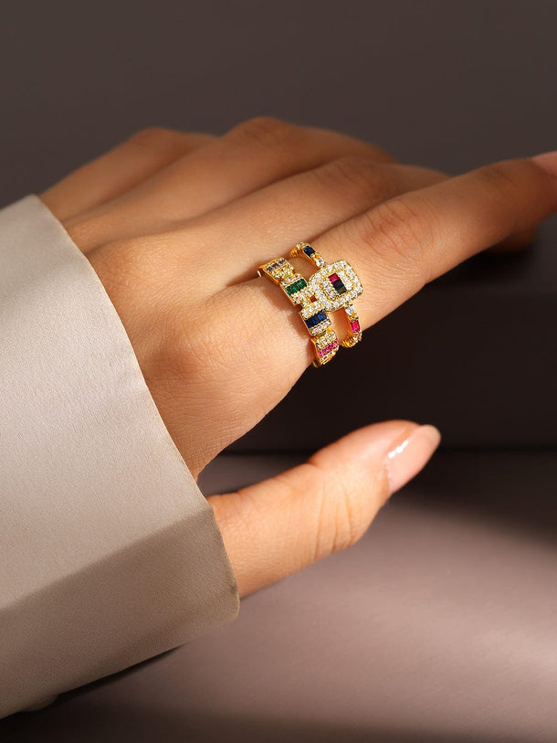 Rubans 18K Gold-Plated Multicolor CubicZirconia Studded Openable Adjustable Statement Ring Rings