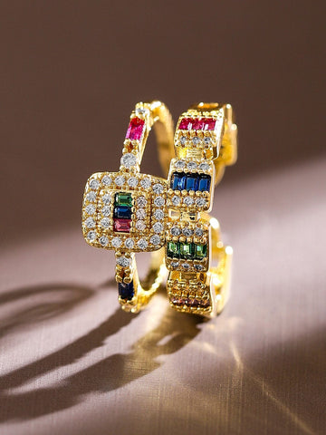 Rubans 18K Gold-Plated Multicolor CubicZirconia Studded Openable Adjustable Statement Ring Rings