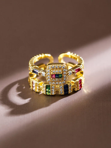 Rubans 18K Gold-Plated Multicolor CubicZirconia Studded Openable Adjustable Statement Ring Rings