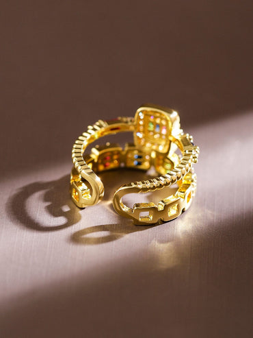 Rubans 18K Gold-Plated Multicolor CubicZirconia Studded Openable Adjustable Statement Ring Rings