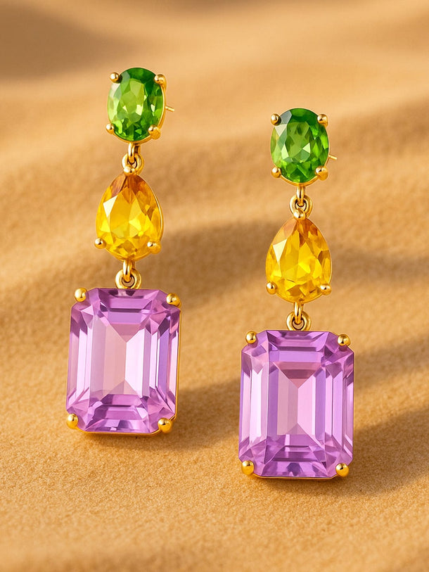 Rubans 18K Gold Plated Multicolor Gemstone Drop Earrings with Green, Yellow & Purple Stone Drop Earrings