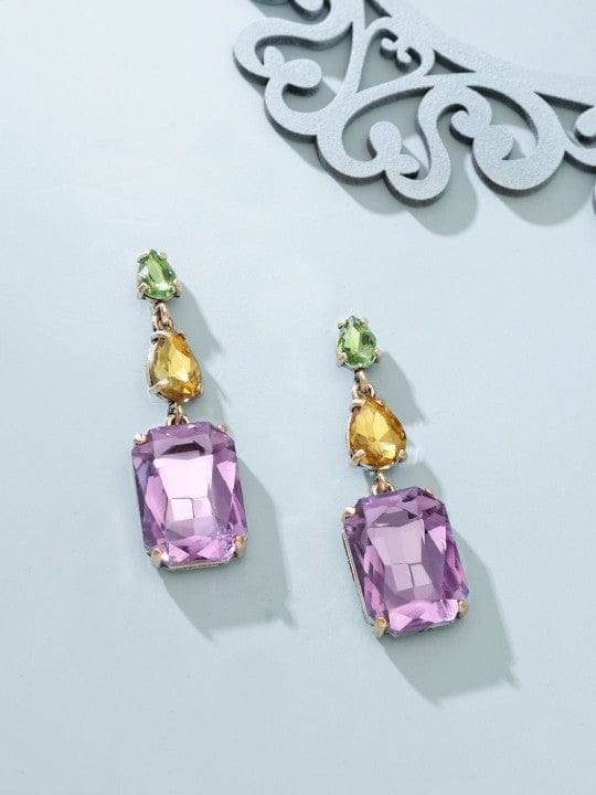 Rubans 18K Gold Plated Multicolor Gemstone Drop Earrings with Green, Yellow & Purple Stone Drop Earrings