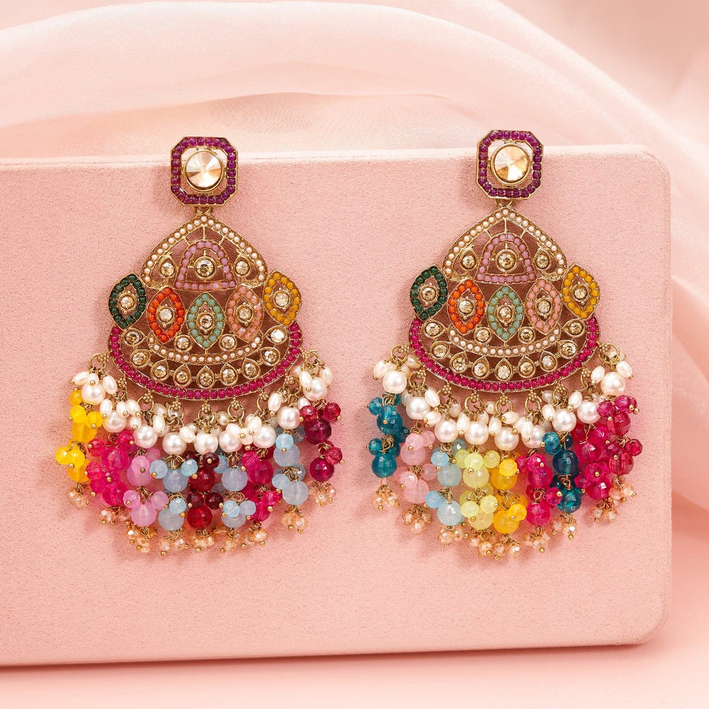 Rubans 18K Gold-Plated Multicolor Kundan & Pearl Studded Dome-Shaped Long Chandelier Earrings Chandbali Earrings