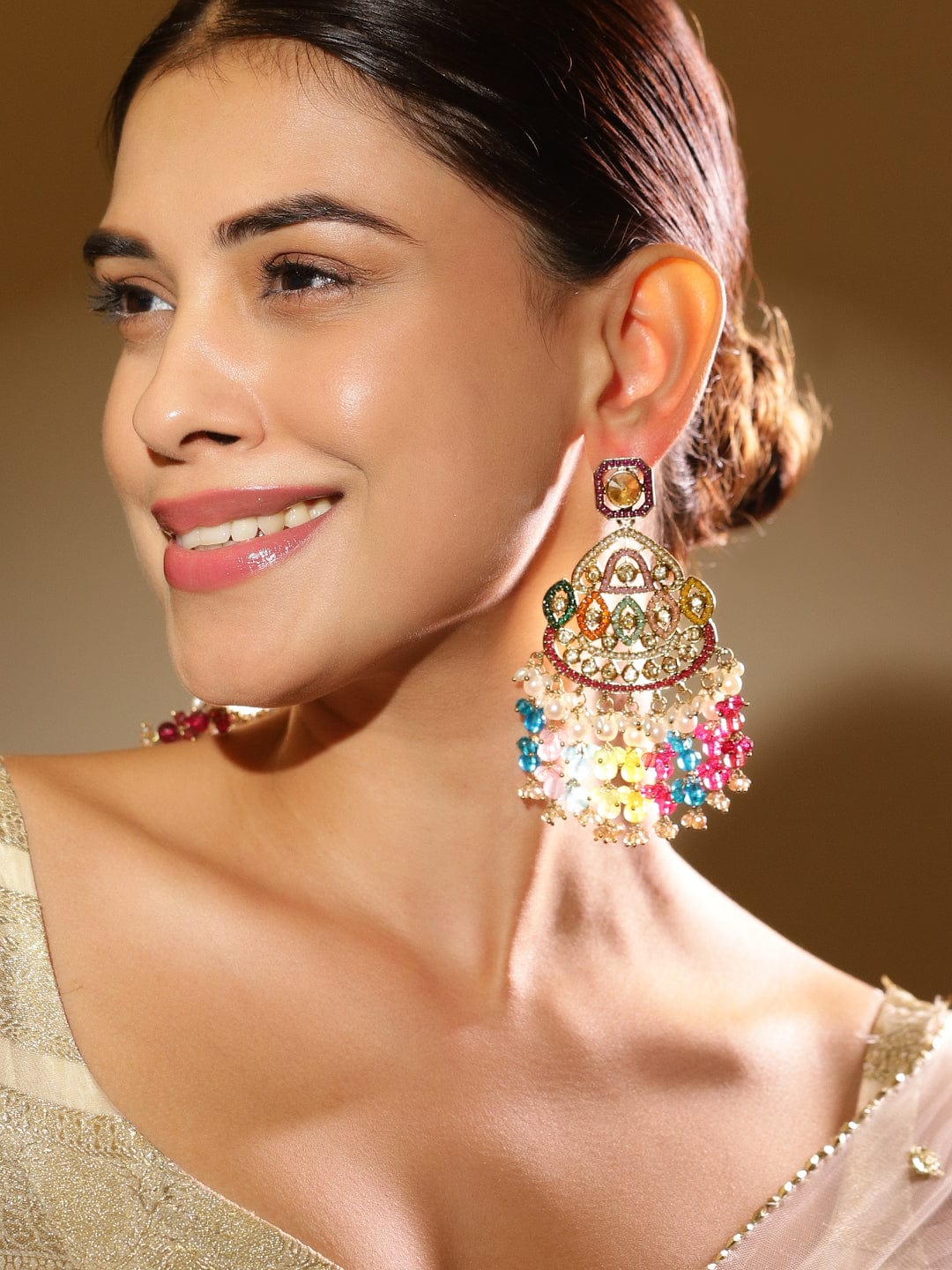 Rubans 18K Gold-Plated Multicolor Kundan & Pearl Studded Dome-Shaped Long Chandelier Earrings Chandbali Earrings