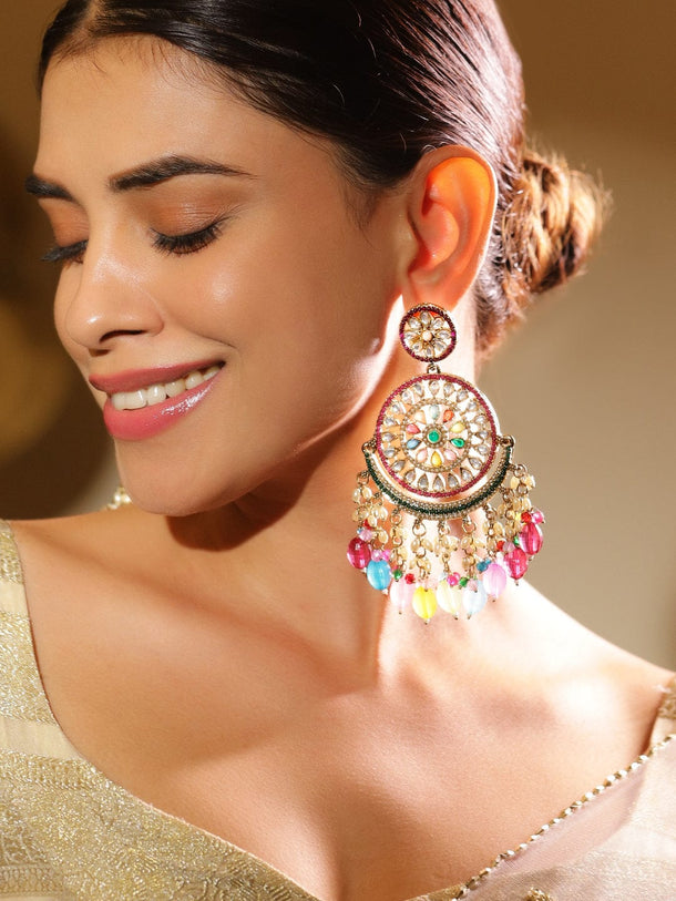 Rubans 18K Gold-Plated Multicolor Kundan Studded Long Chandbali Earrings with Bead Danglers Chandbali Earrings