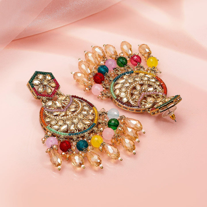 Rubans 18K Gold-Plated Multicolor Kundan Studded Long Chandbali Earrings with Beaded Danglers Chandbali Earrings