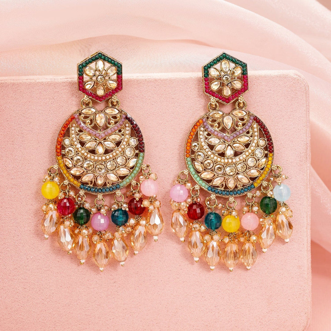 Rubans 18K Gold-Plated Multicolor Kundan Studded Long Chandbali Earrings with Beaded Danglers Chandbali Earrings