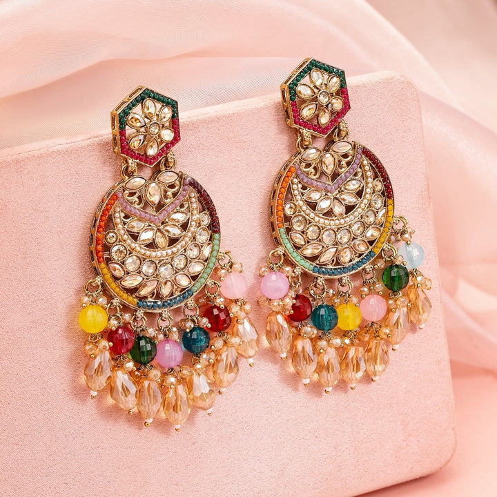 Rubans 18K Gold-Plated Multicolor Kundan Studded Long Chandbali Earrings with Beaded Danglers Chandbali Earrings