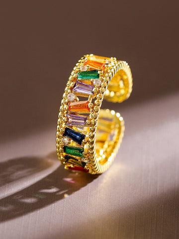 Rubans 18K Gold-Plated Multicolored Baguette & Cubic Zirconia Studded Adjustable Ring Finger Ring