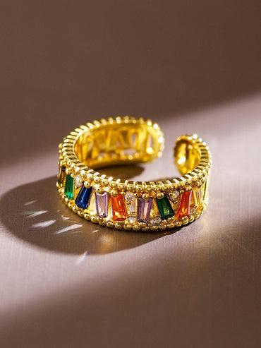 Rubans 18K Gold-Plated Multicolored Baguette & Cubic Zirconia Studded Adjustable Ring Rings