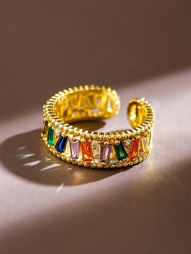 Rubans 18K Gold-Plated Multicolored Baguette & Cubic Zirconia Studded Adjustable Ring Rings