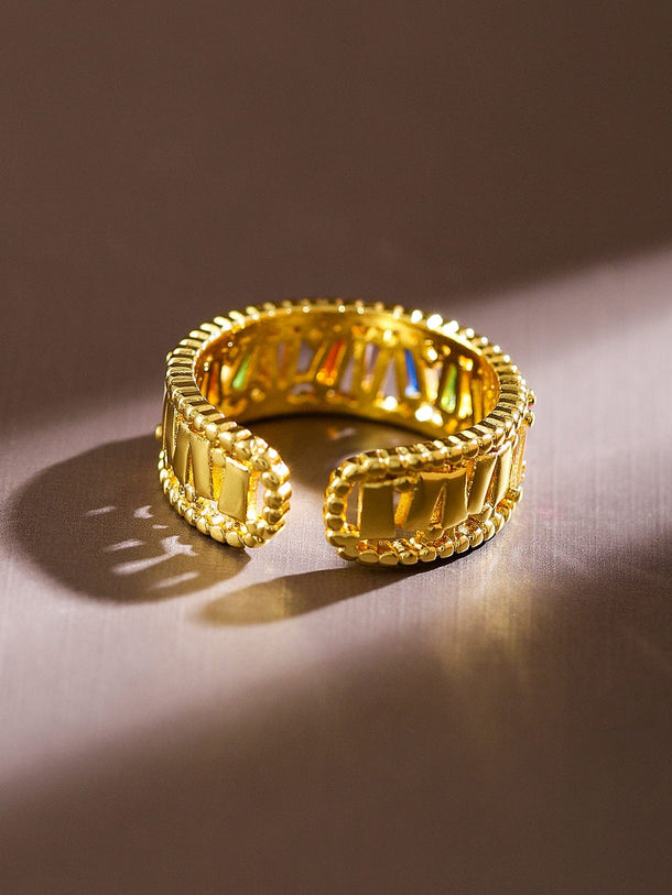 Rubans 18K Gold-Plated Multicolored Baguette & Cubic Zirconia Studded Adjustable Ring Rings