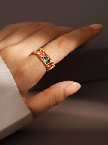 Rubans 18K Gold-Plated Multicolored Baguette & Cubic Zirconia Studded Adjustable Ring Rings