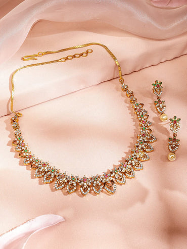 Rubans 18K Gold-Plated Multicolour & White Cubic Zirconia Studded Floral & Leaf Design Necklace Set Jewellery Set