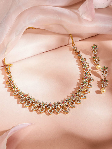 Rubans 18K Gold-Plated Multicolour & White Cubic Zirconia Studded Floral & Leaf Design Necklace Set Jewellery Set