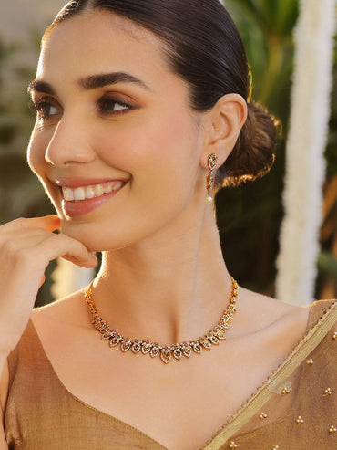 Rubans 18K Gold-Plated Multicolour & White Cubic Zirconia Studded Floral & Leaf Design Necklace Set Jewellery Set