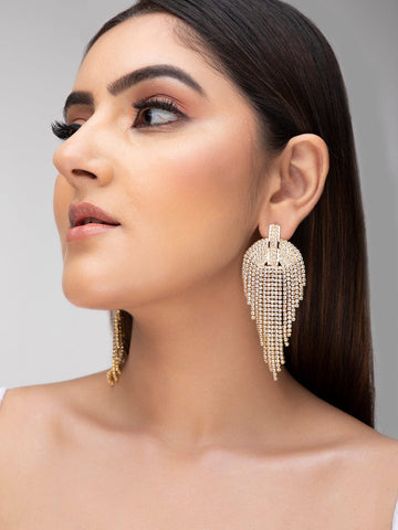 Rubans 18K Gold Plated Multilayer Cubic Zirconia Studded Tassel Drop Earrings Earrings