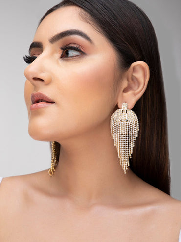 Rubans 18K Gold Plated Multilayer Cubic Zirconia Studded Tassel Drop Earrings Earrings