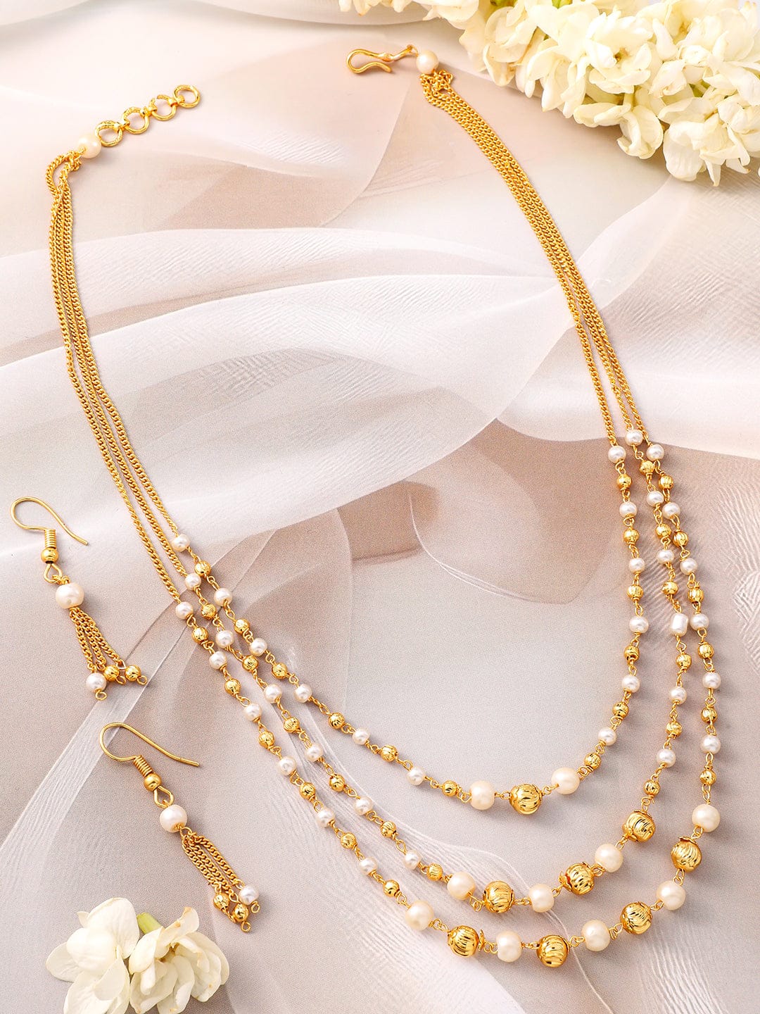 Rubans 18K Gold-Plated Multilayer Pearl Beaded Necklace Set with Matching Earrings Jewellery Set