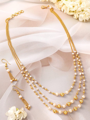 Rubans 18K Gold-Plated Multilayer Pearl Beaded Necklace Set with Matching Earrings Jewellery Set