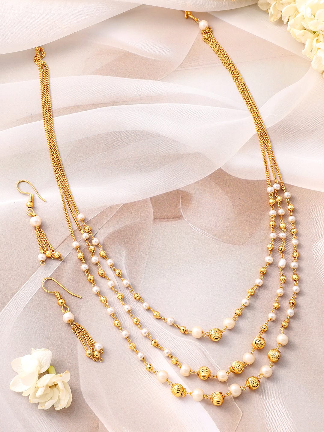 Rubans 18K Gold-Plated Multilayer Pearl Beaded Necklace Set with Matching Earrings Jewellery Set