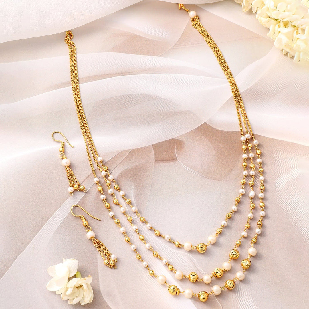 Rubans 18K Gold-Plated Multilayer Pearl Beaded Necklace Set with Matching Earrings Jewellery Set