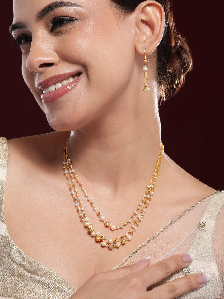 Rubans 18K Gold-Plated Multilayer Pearl Beaded Necklace Set with Matching Earrings Jewellery Set