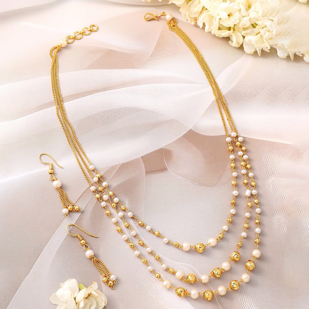 Rubans 18K Gold-Plated Multilayer Pearl Beaded Necklace Set with Matching Earrings Jewellery Set