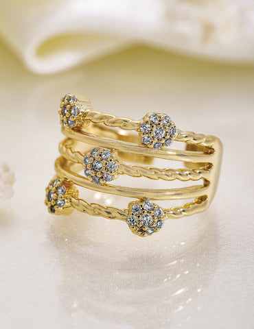 Rubans 18K Gold Plated MultiLayered Cubic Zirconia Studded Floral Adjustable Finger Ring Rings