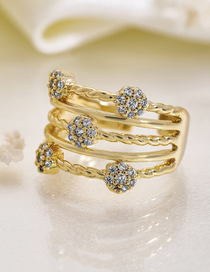 Rubans 18K Gold Plated MultiLayered Cubic Zirconia Studded Floral Adjustable Finger Ring Rings