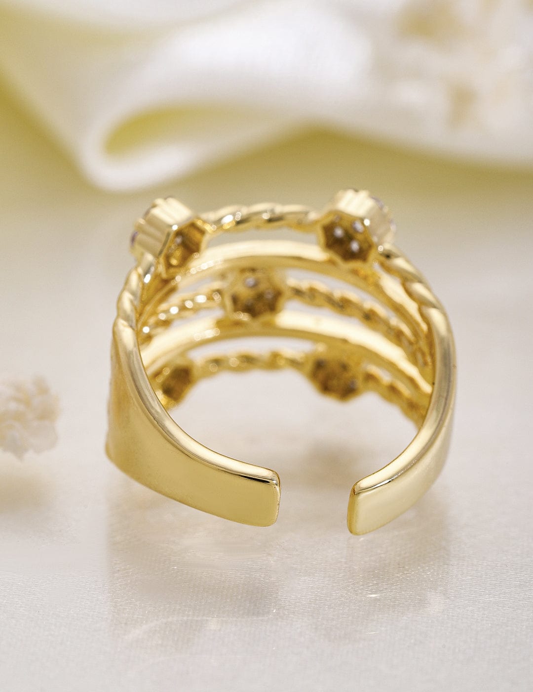 Rubans 18K Gold Plated MultiLayered Cubic Zirconia Studded Floral Adjustable Finger Ring Rings