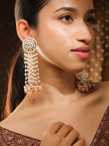 Rubans 18K Gold-Plated Multilayered Kundan & Pearl Beaded Long Earrings with Peach Pink Beads Earrings